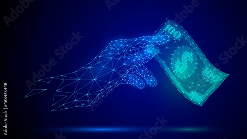 Made from glowing blue triangular polygonal mesh hand holding a hundred dollar bill