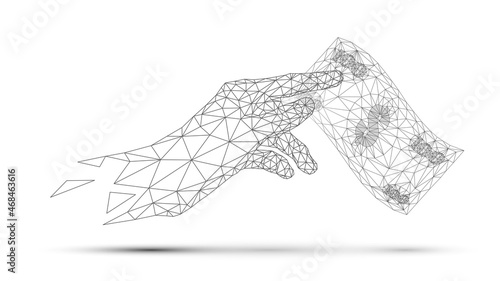 Triangular mesh hand holding  a hundred dollar bill, payments and money concept