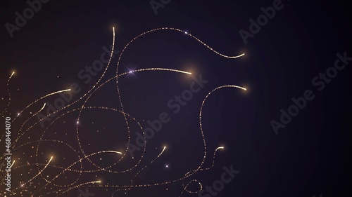 Dark background with glowing flying golden sparks with trails