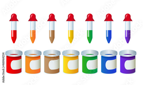 Different color paint buckets and eyedroppers
