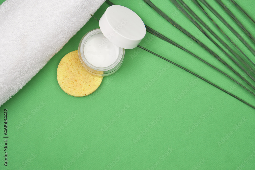 bathroom accessories cosmetics health procedures Green background bathroom accessories cosmetics health procedures Green background