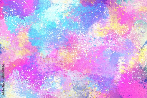 abstract watercolor background with paint drops and splashes, grunge, mixture of blue, purple, yellow, pink, turquoise, handcrafted wallpaper, interior painting, cover design, textured wall surface © NIKACOLDBLUE