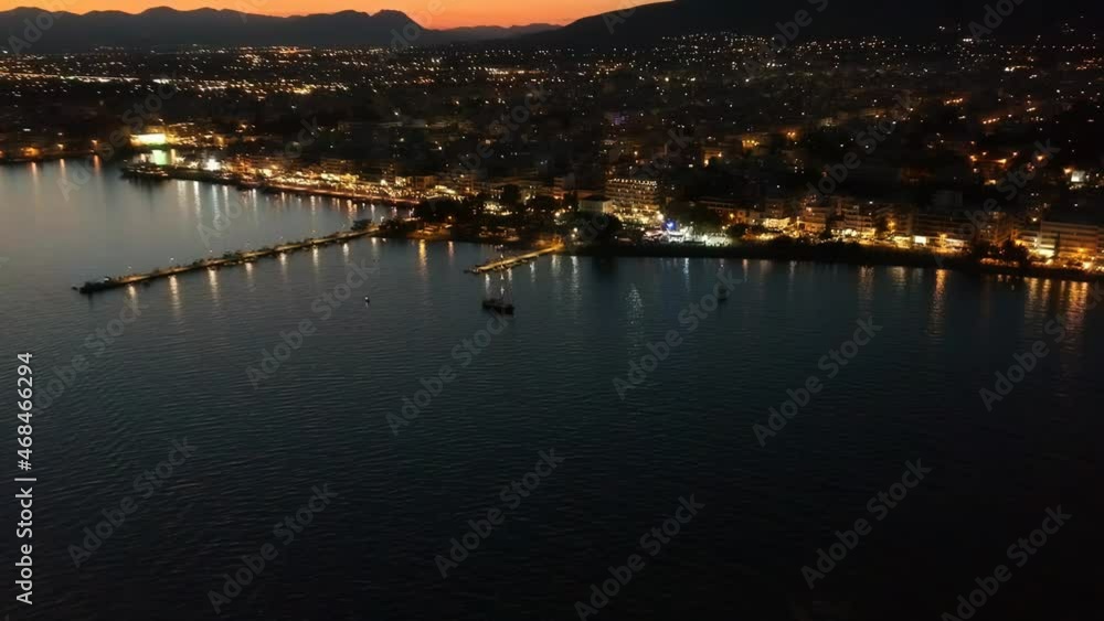 Aerial seaside view over seaside city of Kalamata, Greece at sunset Aerial seaside view over seaside city of Kalamata, Greece at sunset