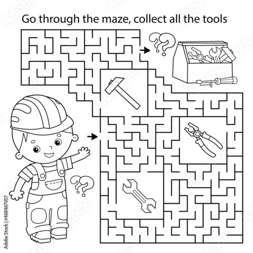 Maze or Labyrinth Game for Preschool Children. Puzzle. Coloring Page Outline Of Cartoon Worker with tools. Coloring book for kids.