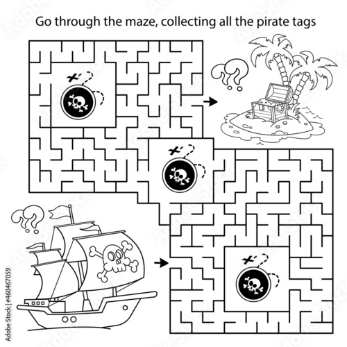 Maze or Labyrinth Game. Puzzle. Coloring Page Outline Of cartoon pirate ship with treasure island. Coloring book for kids.