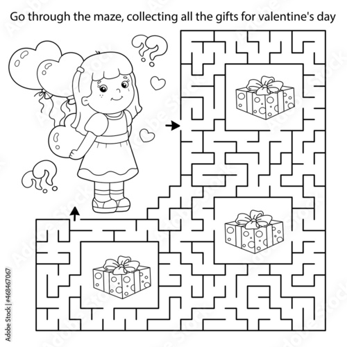 Maze or Labyrinth Game. Puzzle. Coloring Page Outline Of cartoon girl with heart and balloons. Valentine's day. Coloring book for kids.