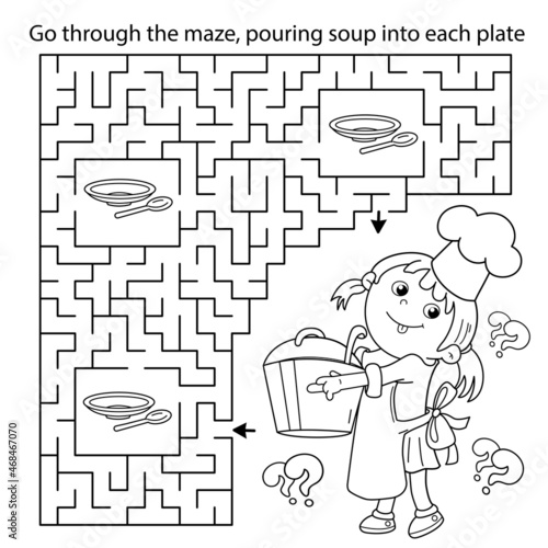 Maze or Labyrinth Game. Puzzle. Coloring Page Outline Of cartoon girl chef with large pot. Little cook or scullion. Profession. Coloring book for kids.