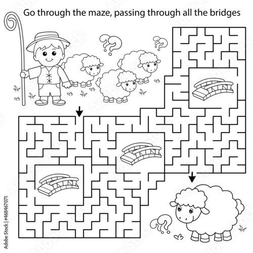 Maze or Labyrinth Game. Puzzle. Coloring Page Outline Of cartoon shepherd with flock of sheep. Farm animals. Coloring book for kids.
