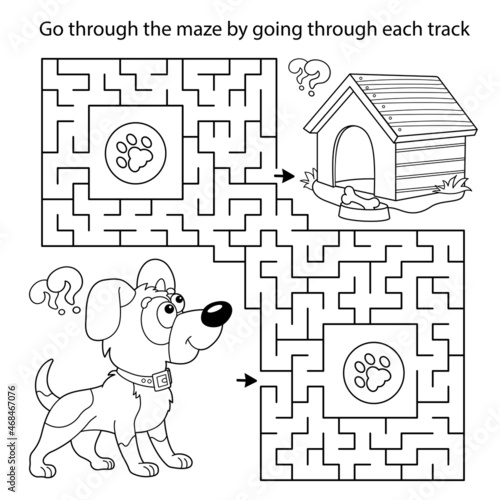 Maze or Labyrinth Game. Puzzle. Coloring Page Outline Of cartoon little dog with doghouse or kennel. Coloring book for kids.