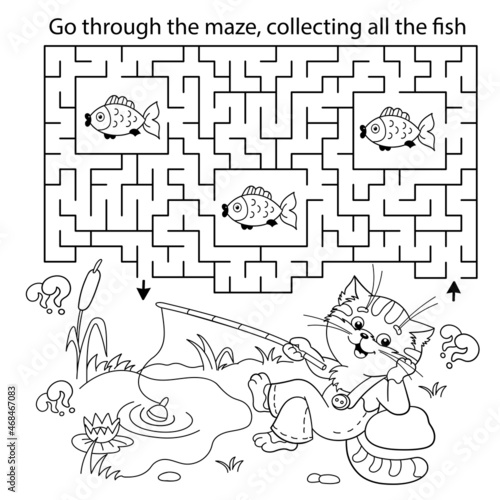 Maze or Labyrinth Game. Puzzle. Coloring Page Outline Of cartoon cat with fishing rod. Fun fisher. Coloring book for kids.