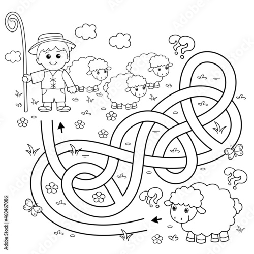 Maze or Labyrinth Game. Puzzle. Tangled road. Coloring Page Outline Of cartoon shepherd with flock of sheep. Farm animals. Coloring book for kids.