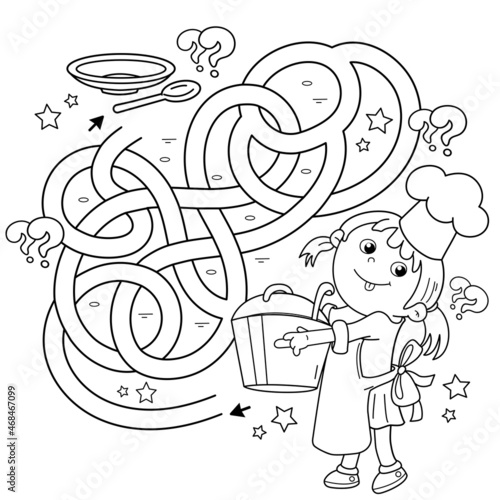 Maze or Labyrinth Game. Puzzle. Tangled road. Coloring Page Outline Of cartoon girl chef with large pot. Little cook or scullion. Profession. Coloring book for kids.