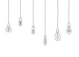 Hanging light bulbs set line illustration. Modern pendant lamp doodle drawing. Lighting design indoor element. 