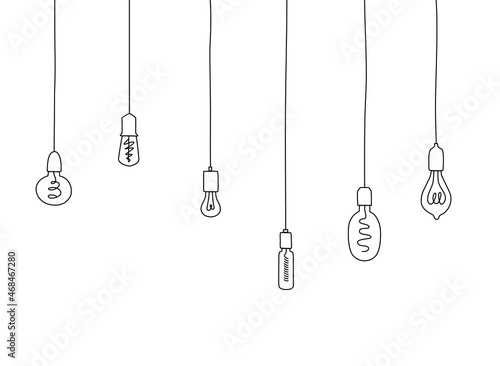 Hanging light bulbs set line illustration. Modern pendant lamp doodle drawing. Lighting design indoor element. 