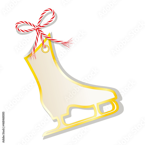 Blanko Schlittschuh Karte mit goldenem Rand, gebunden mit rot-weiße Kordschleife, 
Etikett oder Geschenkanhänger, 
Vektor Illustration isoliert auf weißem Hintergrund
