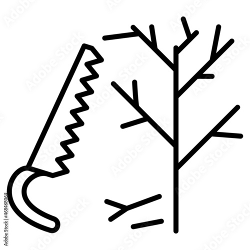 Seasonal pruning of trees and shrubs in the garden, park, forest. Cutting of dry and diseased branches. Vector icon, outline, isolated.
