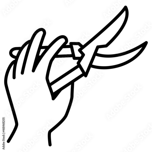 Garden pruner in hand. A gardener's tool for pruning plants. Vector icon, outline, isolated.