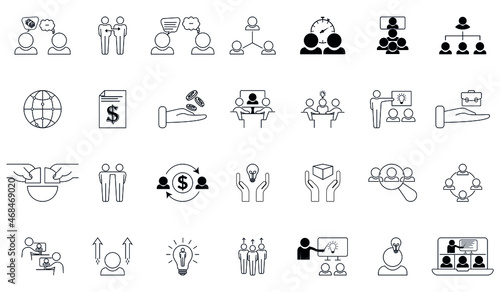 Simple set of business cooperation related icons. Teamwork, business management. Contains icons such as partnership, synergy, interaction and more. Editable Stroke.