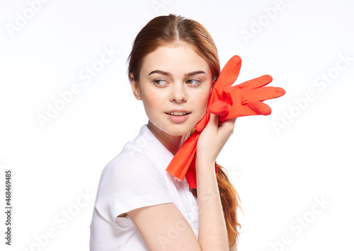 pretty woman rubber gloves house cleaning light background