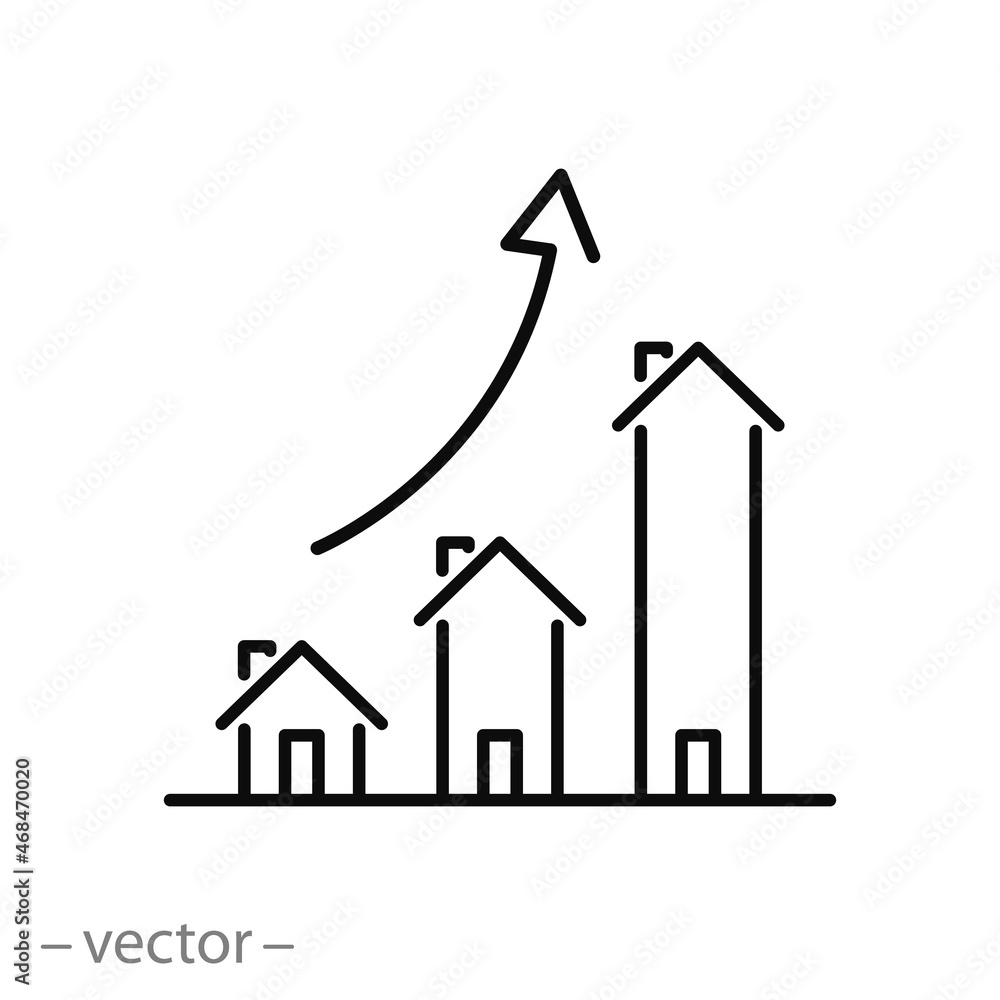 real estate market icon, growth house price, building rise presentation, increase infographic, thin line symbol - editable stroke vector illustration real estate market icon, growth house price, building rise presentation, increase infographic, thin line symbol - editable stroke vector illustration