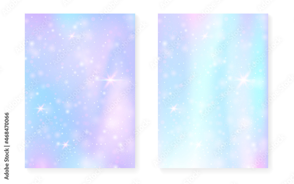 Kawaii background with rainbow princess gradient. Magic unicorn hologram.