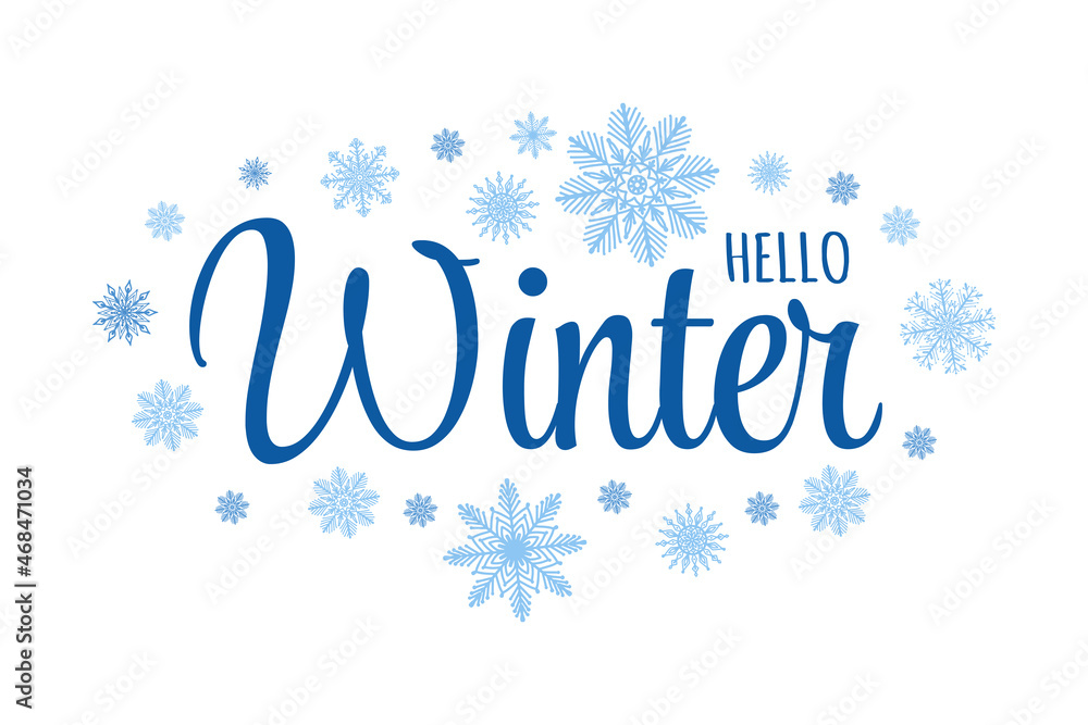Cute text cursive calligraphy lettering - Hello Winter. Seasonal greeting card with different hand drawn snowflakes.