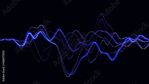 Abstract smooth blue dynamic music wave with dots. Audio digital equalizer technology. Glowing electric waves on dark background. 3d rendering