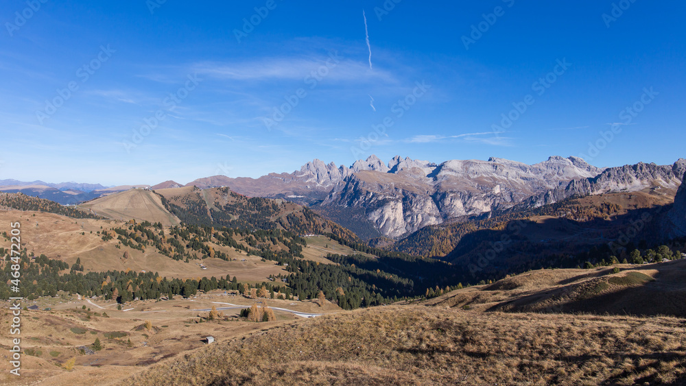 Beautiful mountain landscape in autumn near Passo Sella in the Dolomites, Italy