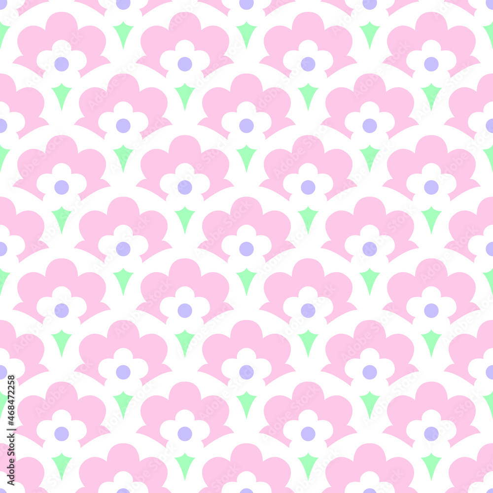 Seamless geometric pattern of light pink flowers on a white background.