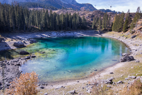 The beautiful Lago di Carezza in the Dolomites in Italy