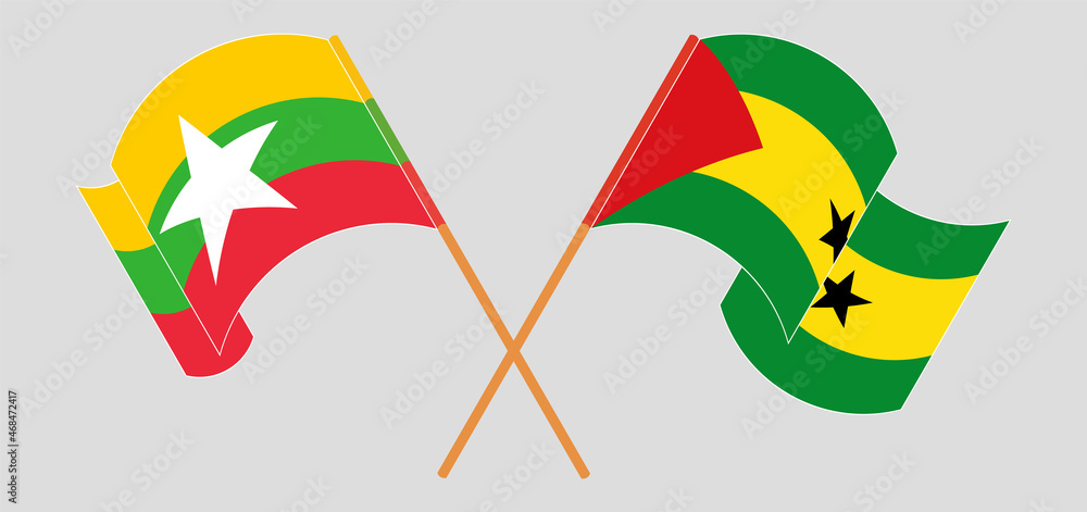 Crossed and waving flags of Myanmar and Sao Tome and Principe Crossed and waving flags of Myanmar and Sao Tome and Principe