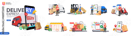 Exclusive Delivery bundle with people characters, Scooters, Truck, and Smartphone. Online order and couriers delivery at home, global shipping and local distribution, logistics situations. 