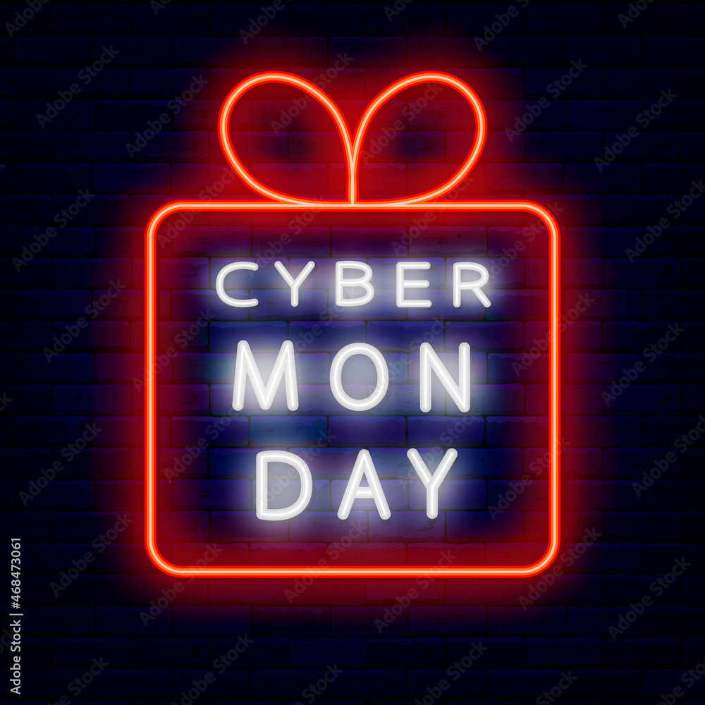Cyber monday neon emblem with present frame. Outer glowing effect banner. Isolated vector stock illustration Cyber monday neon emblem with present frame. Outer glowing effect banner. Isolated vector stock illustration