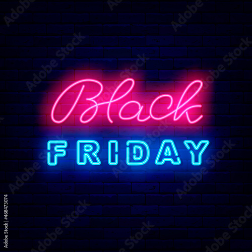 Black friday neon lettering on brick wall. Template for sale. Shiny logo for market. Isolated vector illustration