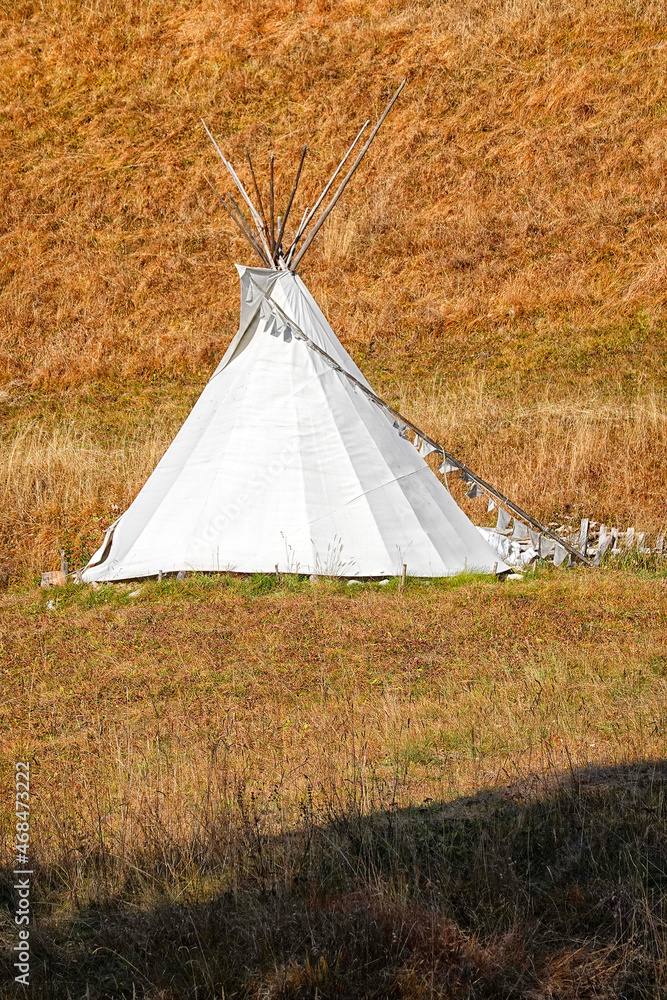Tepee tent in the outdoors. A tipi (also tepee and teepee) is a conical tent traditionally made of animal skins and wooden poles