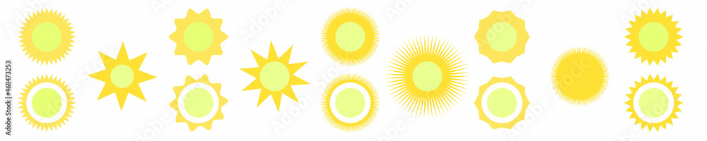 Yellow sun icon set 14 in 1. Flat sun icon. Sun pictogram. Isolated vector symbol. Yellow sun icon set 14 in 1. Flat sun icon. Sun pictogram. Isolated vector symbol.