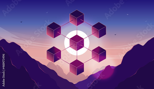 Abstract blockchain vector illustration - Landscape with mountains and beautiful morning sky.