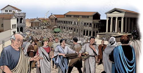 Ancient Rome - Crowd of men and women passing through the Roman Forum photo