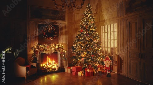 Christmas and New Year interior decoration. Green tree decorated with toys, gifts, present boxes, flashing garland, illuminated lamps. Fireplace with burning fire. Cozy Christmas atmosphere. 4K Loop