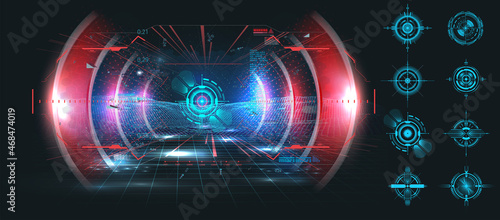 HUD, GUI, FUI Modern Aiming System Device tilt level. Futuristic Head-up display design. Spaceship, drone, helmet, aim. Target control panel or radar digital screen, game UI and crosshair dashboard