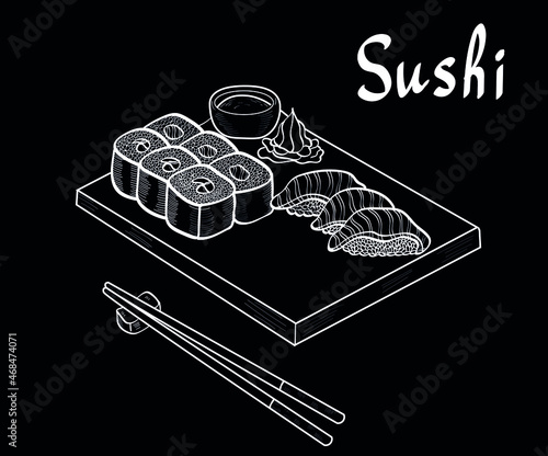 Suchi rolls, fish, seafood, japan vector chalk isolated illustration on dark background. Concept for logo, menu, cards, print