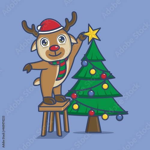 Fototapeta Naklejka Na Ścianę i Meble -  cute cartoon reindeer putting star on christmas tree. vector illustration for mascot logo or sticker