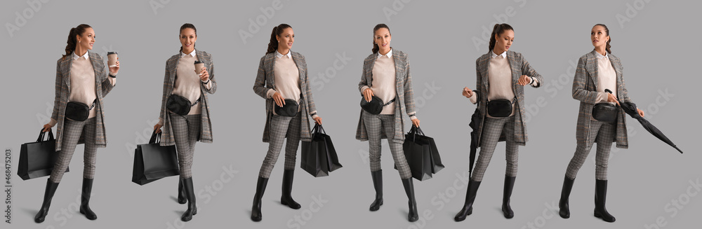 Set of stylish young woman in autumn clothes on grey background Set of stylish young woman in autumn clothes on grey background