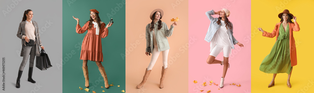 Set of stylish young woman in autumn clothes on color background - obrazy, fototapety, plakaty 