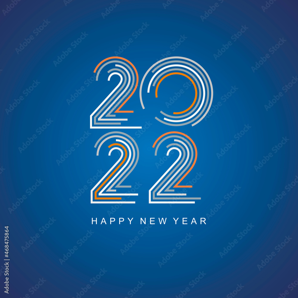 Happy New Year 2022 modern new trendy pop line design typography orange grey white abstract numbers logo icon blue background Happy New Year 2022 modern new trendy pop line design typography orange grey white abstract numbers logo icon blue background