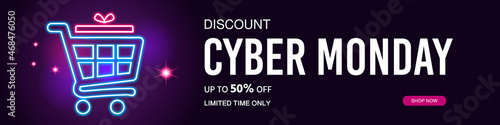 Cyber Monday Sale Discount. Modern background with abstract elements and round geometric shapes. Shopping basket. Final sale up to 50% off. Special offer. Neon style. Banner, vector illustration. 
