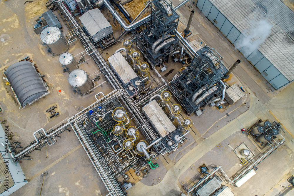 Top Down Aerial View of Massive Refinery Operation based next to the Ohio River USA Top Down Aerial View of Massive Refinery Operation based next to the Ohio River USA