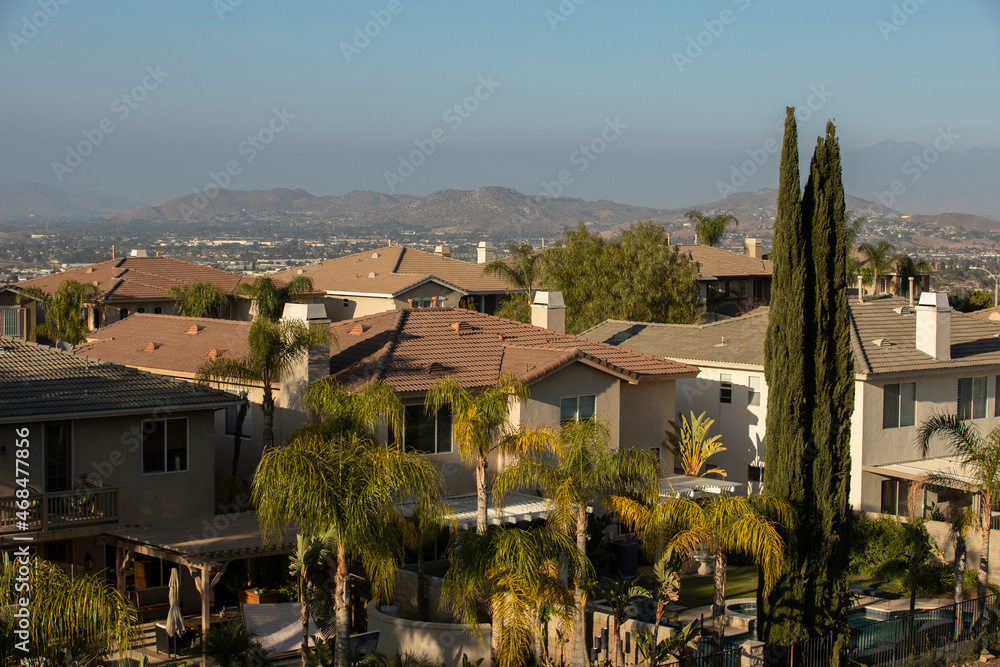 Late afternoon view of a neighborhood in Corona, California, USA.