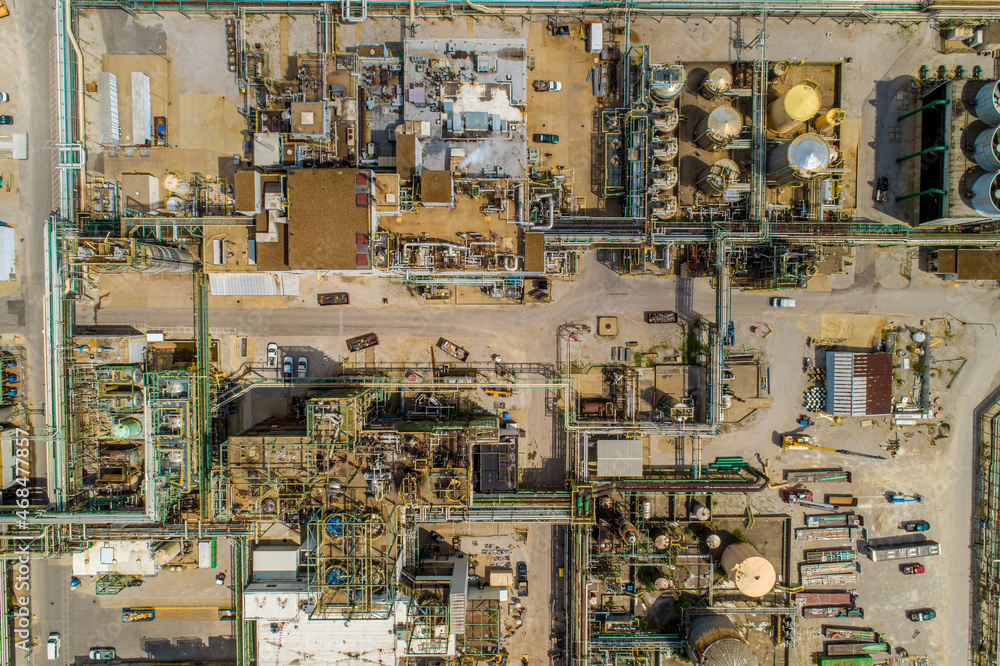 Top Down Aerial View of Massive Refinery Operation based next to the Ohio River USA