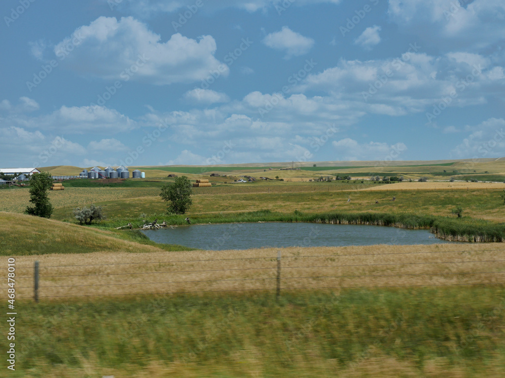Small pond surrounded by greenery along Highway 44 in South Dakota, USA.